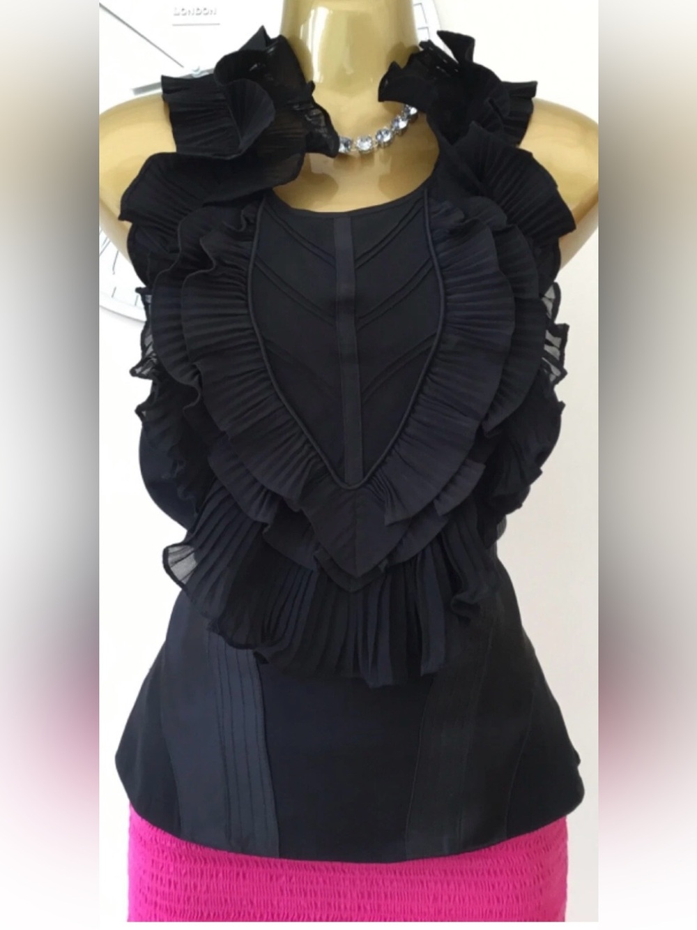 Karen Millen Black Ruffled Pleated Halter Camisole